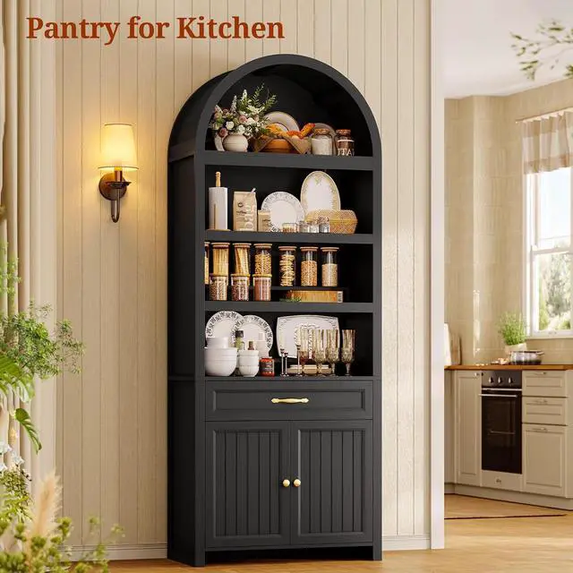 Alt view image 6 of 7 - 2 Pcs 84.2" Tall Arched Cabinets,Bookcase with Drawer storage,Mid-Century Modern 6-Tier Bookshelf, 2 Book Risers and Adjustable Shelves offering more storage space for Living Room,Kitchen, Black