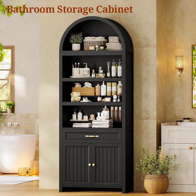 Alt view image 7 of 7 - 2 Pcs 84.2" Tall Arched Cabinets,Bookcase with Drawer storage,Mid-Century Modern 6-Tier Bookshelf, 2 Book Risers and Adjustable Shelves offering more storage space for Living Room,Kitchen, Black
