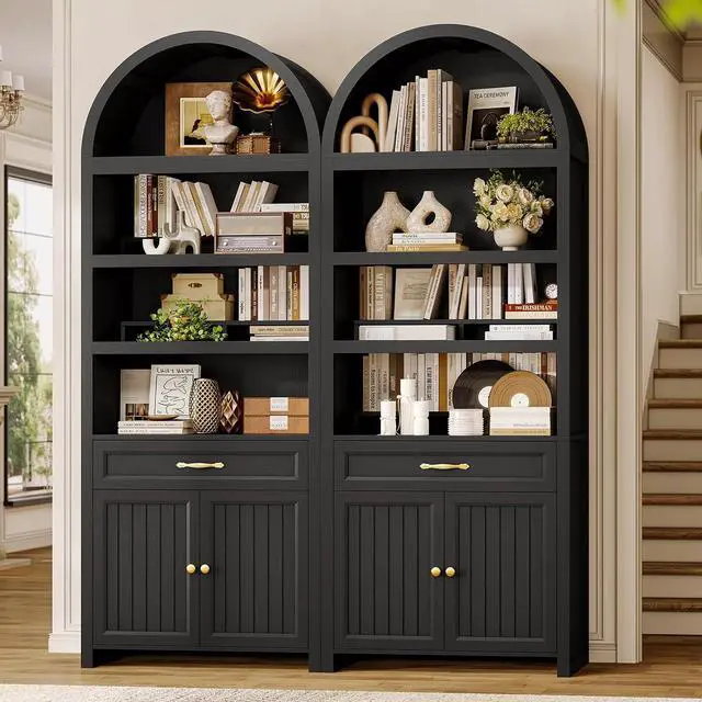 Main image of 2 Pcs 84.2" Tall Arched Cabinets,Bookcase with Drawer storage,Mid-Century Modern 6-Tier Bookshelf, 2 Book Risers and Adjustable Shelves offering more storage space for Living Room,Kitchen, Black