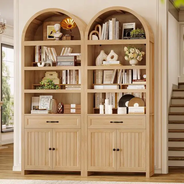 Main image of 2 Pcs 84.2" Tall Arched Cabinets,Bookcase with Drawer storage,Mid-Century Modern 6-Tier Bookshelf, 2 Book Risers and Adjustable Shelves offering more storage space for Living Room,Kitchen, Oak