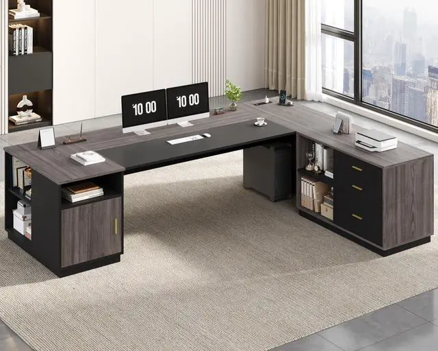 Alt view image 6 of 7 - 78.7" L Shaped Executive Desk with Lateral File Cabinet, Extra Large Office Desk with Drawers & Power Outlets, Modern Corner Computer Desk with Storage Shelves, Business Furniture, Grey