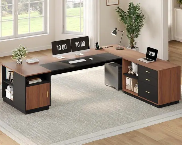 Main image of 78.7" L Shaped Executive Desk with Lateral File Cabinet, Extra Large Office Desk with Drawers & Power Outlets, Modern Corner Computer Desk with Storage Shelves, Business Furniture, Walnut