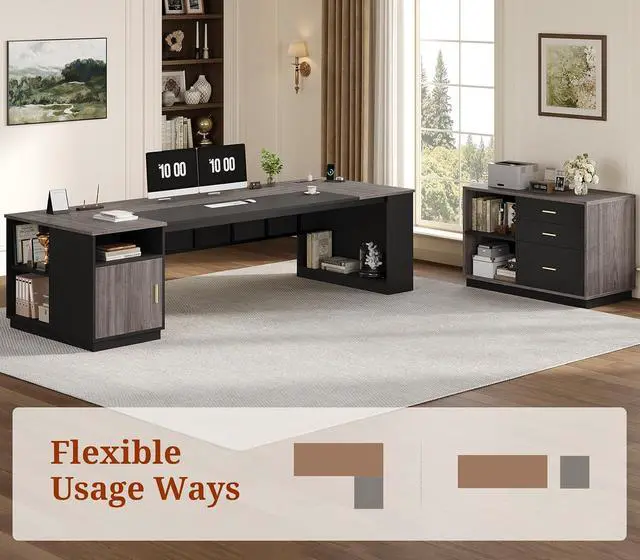 Alt view image 3 of 7 - 78.7" L Shaped Executive Desk with Lateral File Cabinet, Extra Large Office Desk with Drawers & Power Outlets, Modern Corner Computer Desk with Storage Shelves, Business Furniture, Grey