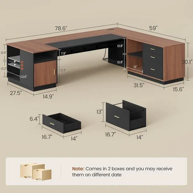 Alt view image 2 of 7 - 78.7" L Shaped Executive Desk with Lateral File Cabinet, Extra Large Office Desk with Drawers & Power Outlets, Modern Corner Computer Desk with Storage Shelves, Business Furniture, Walnut