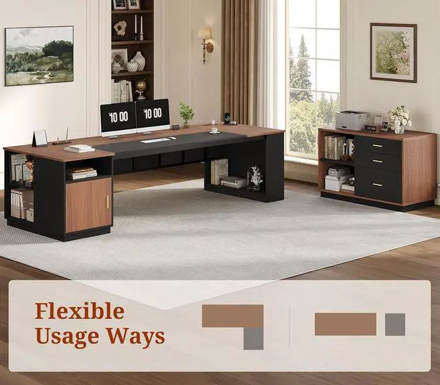 Alt view image 3 of 7 - 78.7" L Shaped Executive Desk with Lateral File Cabinet, Extra Large Office Desk with Drawers & Power Outlets, Modern Corner Computer Desk with Storage Shelves, Business Furniture, Walnut