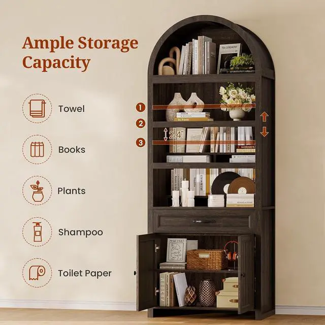 Alt view image 3 of 7 - 2 Pcs 84.2" Tall Arched Cabinets,Bookcase with Drawer storage,Mid-Century Modern 6-Tier Bookshelf, 2 Book Risers and Adjustable Shelves offering more storage space for Living Room,Kitchen, Dark Brown