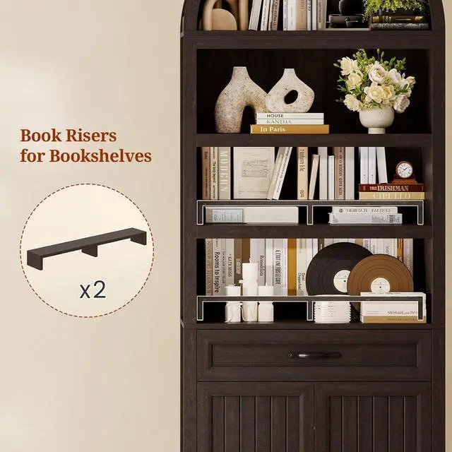 Alt view image 5 of 7 - 2 Pcs 84.2" Tall Arched Cabinets,Bookcase with Drawer storage,Mid-Century Modern 6-Tier Bookshelf, 2 Book Risers and Adjustable Shelves offering more storage space for Living Room,Kitchen, Dark Brown