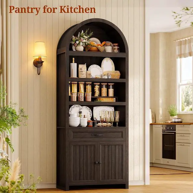 Alt view image 6 of 7 - 2 Pcs 84.2" Tall Arched Cabinets,Bookcase with Drawer storage,Mid-Century Modern 6-Tier Bookshelf, 2 Book Risers and Adjustable Shelves offering more storage space for Living Room,Kitchen, Dark Brown