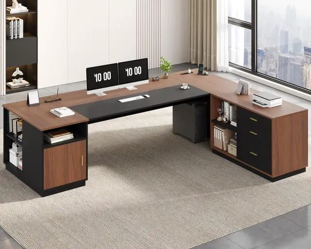 Alt view image 6 of 7 - 78.7" L Shaped Executive Desk with Lateral File Cabinet, Extra Large Office Desk with Drawers & Power Outlets, Modern Corner Computer Desk with Storage Shelves, Business Furniture, Walnut