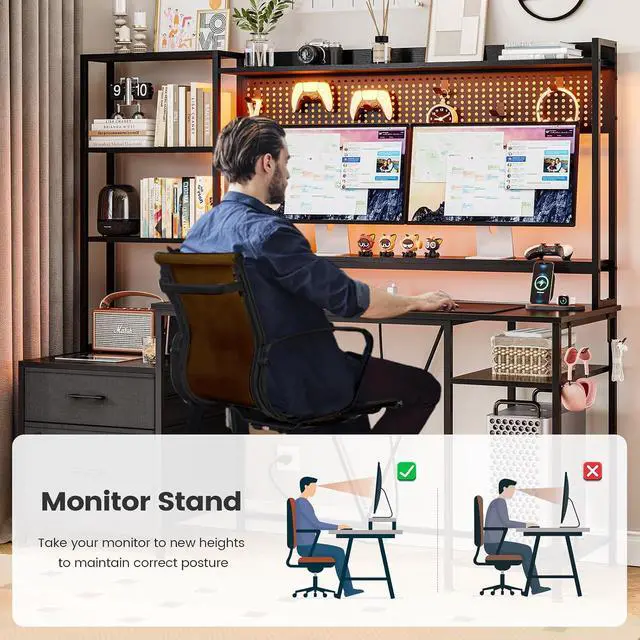 Alt view image 7 of 7 - Gaming Desk with Hutch, 65in Reversible Computer Desk with Power Outlets LED Light, Home Office Desk with Monitor Stand 2 Drawers 4 Storage Shelves Pegboard 8 Hooks Mouse Pad (Black)