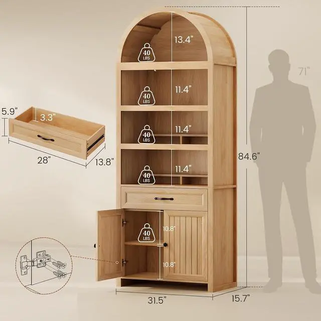 Alt view image 2 of 7 - 2 Pcs 84.2" Tall Arched Cabinets,Bookcase with Drawer storage,Mid-Century Modern 6-Tier Bookshelf, 2 Book Risers and Adjustable Shelves offering more storage space for Living Room,Kitchen, Oak