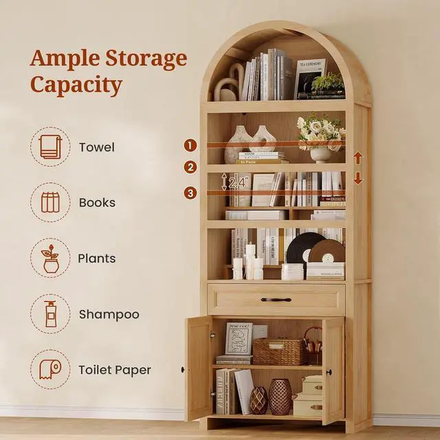 Alt view image 3 of 7 - 2 Pcs 84.2" Tall Arched Cabinets,Bookcase with Drawer storage,Mid-Century Modern 6-Tier Bookshelf, 2 Book Risers and Adjustable Shelves offering more storage space for Living Room,Kitchen, Oak