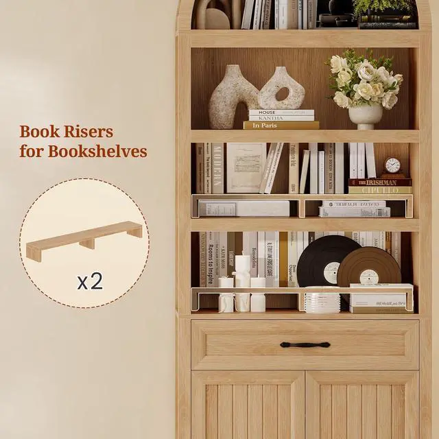 Alt view image 4 of 7 - 2 Pcs 84.2" Tall Arched Cabinets,Bookcase with Drawer storage,Mid-Century Modern 6-Tier Bookshelf, 2 Book Risers and Adjustable Shelves offering more storage space for Living Room,Kitchen, Oak