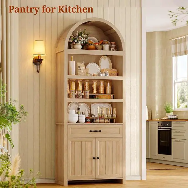 Alt view image 6 of 7 - 2 Pcs 84.2" Tall Arched Cabinets,Bookcase with Drawer storage,Mid-Century Modern 6-Tier Bookshelf, 2 Book Risers and Adjustable Shelves offering more storage space for Living Room,Kitchen, Oak