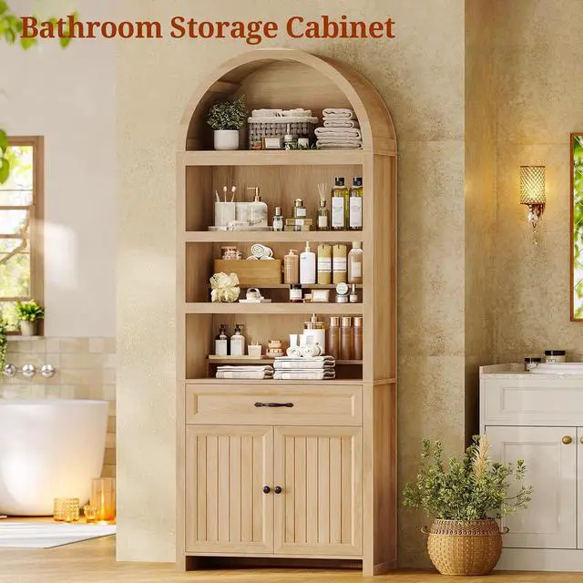 Alt view image 7 of 7 - 84.2" Tall Arched Cabinets,Bookcase with Drawer storage,Mid-Century Modern 6-Tier Bookshelf,2 Book Risers and Adjustable Shelves offering more storage space for Living Room,Kitchen,Home OfficeOak