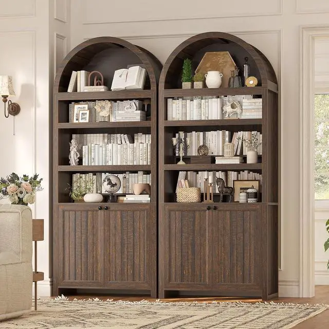 Main image of 2 Pcs 81" Tall Arched Cabinets,Bookcase with Storage,Mid-Century Modern 6-Tier Bookshelf with Door,2 Book Risers and Adjustable Shelves, for Living Room,Kitchen,Home Office(Walnut, Large)