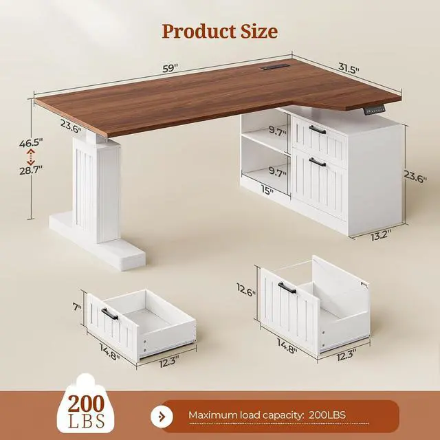 Alt view image 2 of 7 - 59" Farmhouse L Shaped Standing Desk with File Drawers, Electric Executive Desk Adjustable Height with Power Outlets, Storage Shelves, Sit Stand Corner Computer Desk for Home Office, White