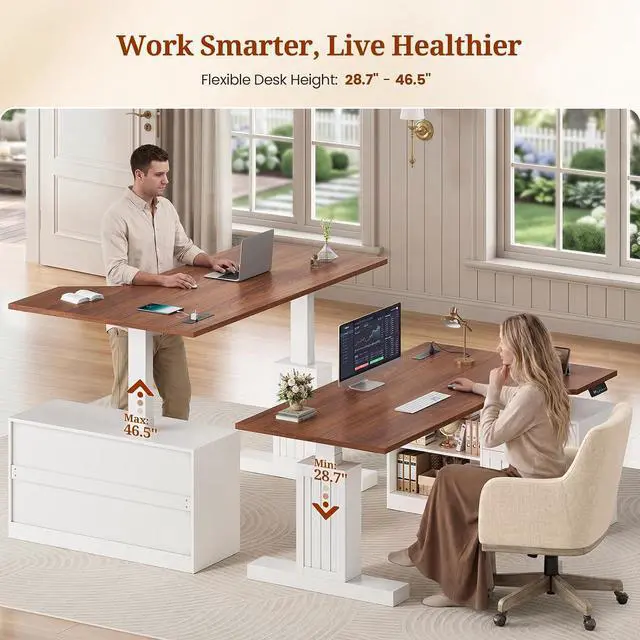 Alt view image 3 of 7 - 59" Farmhouse L Shaped Standing Desk with File Drawers, Electric Executive Desk Adjustable Height with Power Outlets, Storage Shelves, Sit Stand Corner Computer Desk for Home Office, White