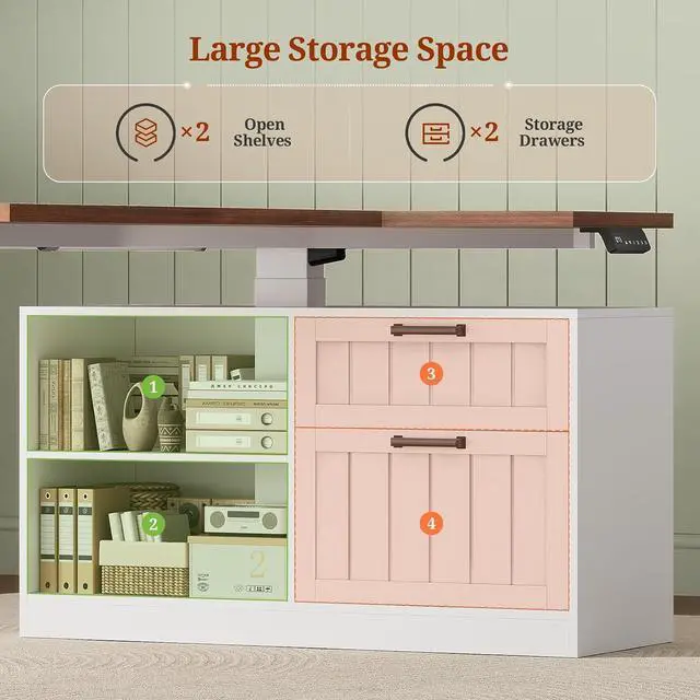 Alt view image 5 of 7 - 59" Farmhouse L Shaped Standing Desk with File Drawers, Electric Executive Desk Adjustable Height with Power Outlets, Storage Shelves, Sit Stand Corner Computer Desk for Home Office, White