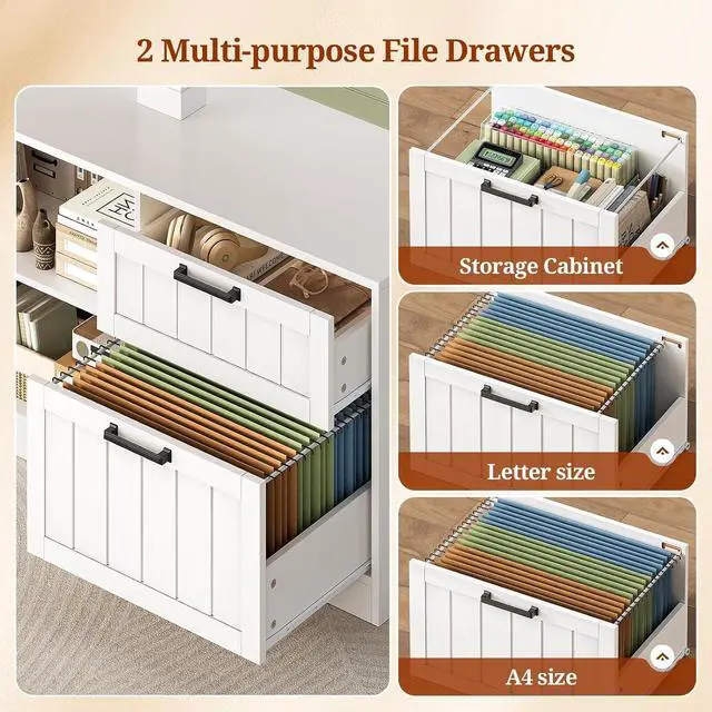 Alt view image 6 of 7 - 59" Farmhouse L Shaped Standing Desk with File Drawers, Electric Executive Desk Adjustable Height with Power Outlets, Storage Shelves, Sit Stand Corner Computer Desk for Home Office, White