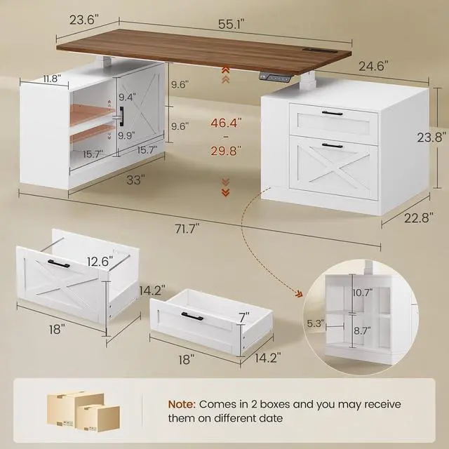 Alt view image 2 of 7 - 71" Farmhouse L Shaped Standing Desk, Electric Height Adjustable Corner Desk with Storage Cabinet & File Drawers, Wood Stand up Computer Desks with Power Outlets for Home Office