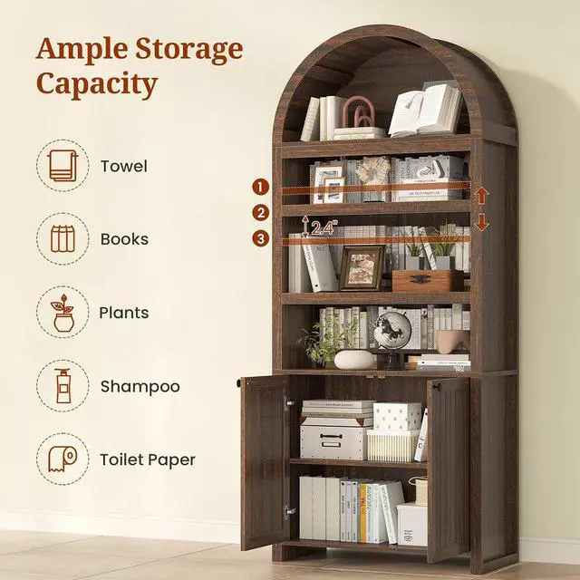 Alt view image 3 of 7 - 81" Tall Arched Cabinets,Bookcase with storage,Mid-Century Modern 6-Tier Bookshelf with Door,2 Book Risers and Adjustable Shelves offering more storage space for Living Room,Kitchen,Home Office,Walnut