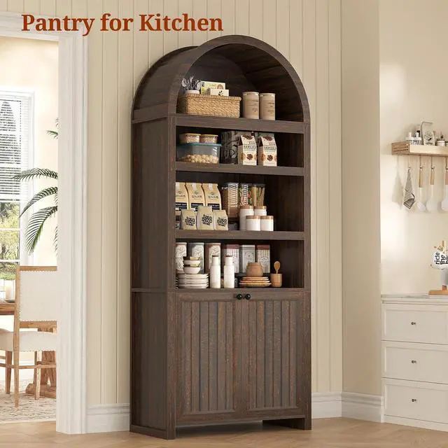 Alt view image 6 of 7 - 81" Tall Arched Cabinets,Bookcase with storage,Mid-Century Modern 6-Tier Bookshelf with Door,2 Book Risers and Adjustable Shelves offering more storage space for Living Room,Kitchen,Home Office,Walnut