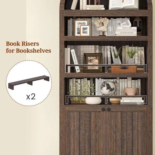 Alt view image 4 of 7 - 81" Tall Arched Cabinets,Bookcase with storage,Mid-Century Modern 6-Tier Bookshelf with Door,2 Book Risers and Adjustable Shelves offering more storage space for Living Room,Kitchen,Home Office,Walnut