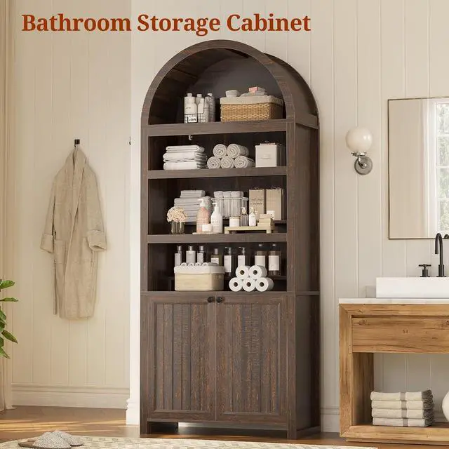 Alt view image 7 of 7 - 81" Tall Arched Cabinets,Bookcase with storage,Mid-Century Modern 6-Tier Bookshelf with Door,2 Book Risers and Adjustable Shelves offering more storage space for Living Room,Kitchen,Home Office,Walnut