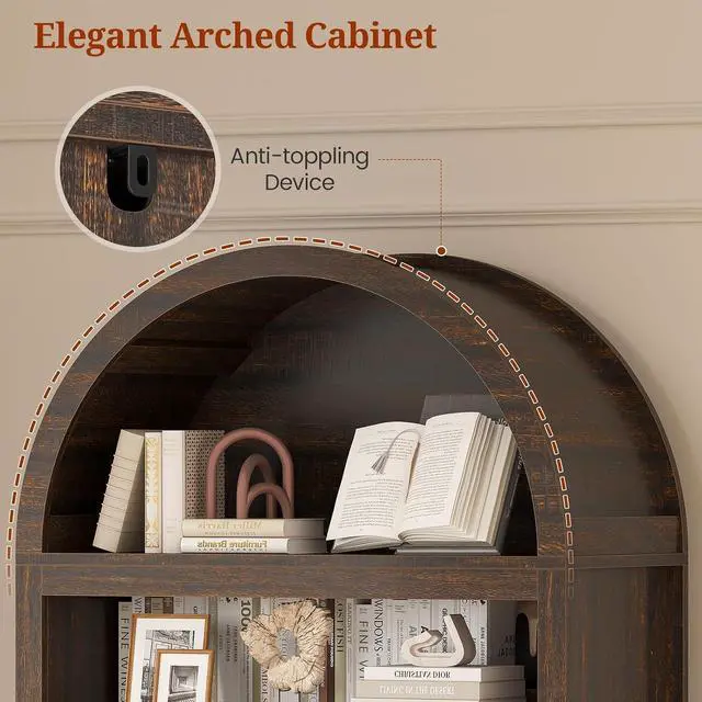 Alt view image 5 of 7 - 81" Tall Arched Cabinets,Bookcase with storage,Mid-Century Modern 6-Tier Bookshelf with Door,2 Book Risers and Adjustable Shelves offering more storage space for Living Room,Kitchen,Home Office,Walnut