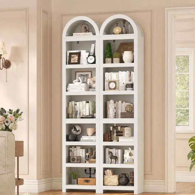 Main image of 2 Pcs 76" Tall Narrow Arched Bookcase,7-Teir Mid-Century Modern Bookshelf,Adjustable Shelves offering More Storage Space for Living Room,Kitchen,Home Office(Antique White, Narrow)