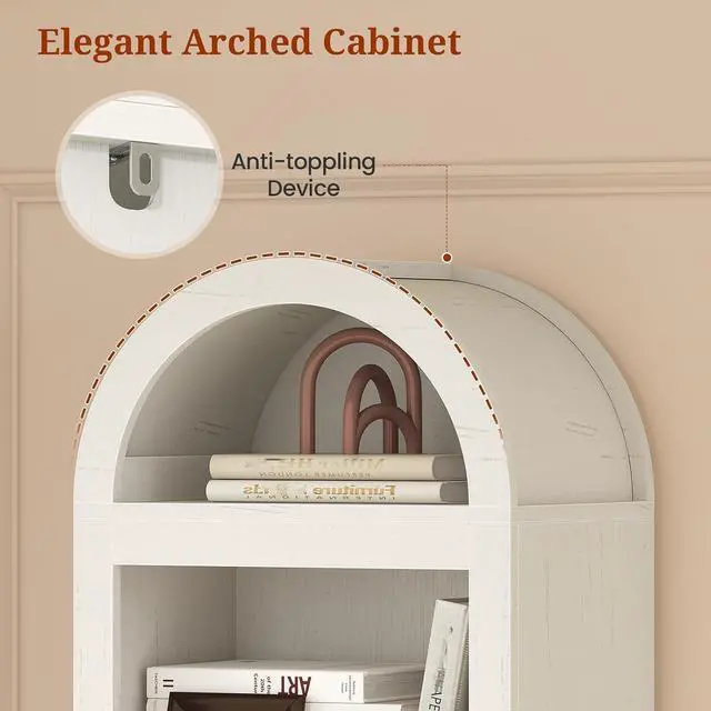 Alt view image 4 of 6 - 2 Pcs 76" Tall Narrow Arched Bookcase,7-Teir Mid-Century Modern Bookshelf,Adjustable Shelves offering More Storage Space for Living Room,Kitchen,Home Office(Antique White, Narrow)