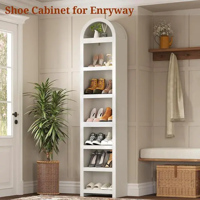 Alt view image 5 of 6 - 2 Pcs 76" Tall Narrow Arched Bookcase,7-Teir Mid-Century Modern Bookshelf,Adjustable Shelves offering More Storage Space for Living Room,Kitchen,Home Office(Antique White, Narrow)