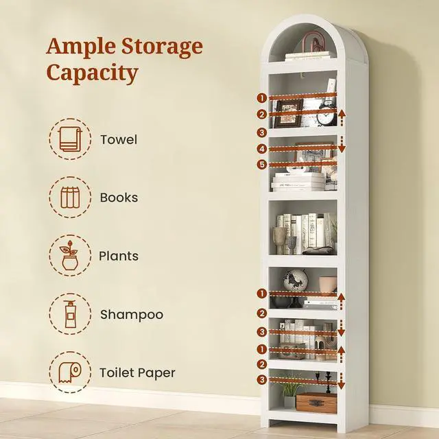 Alt view image 3 of 6 - 2 Pcs 76" Tall Narrow Arched Bookcase,7-Teir Mid-Century Modern Bookshelf,Adjustable Shelves offering More Storage Space for Living Room,Kitchen,Home Office(Antique White, Narrow)