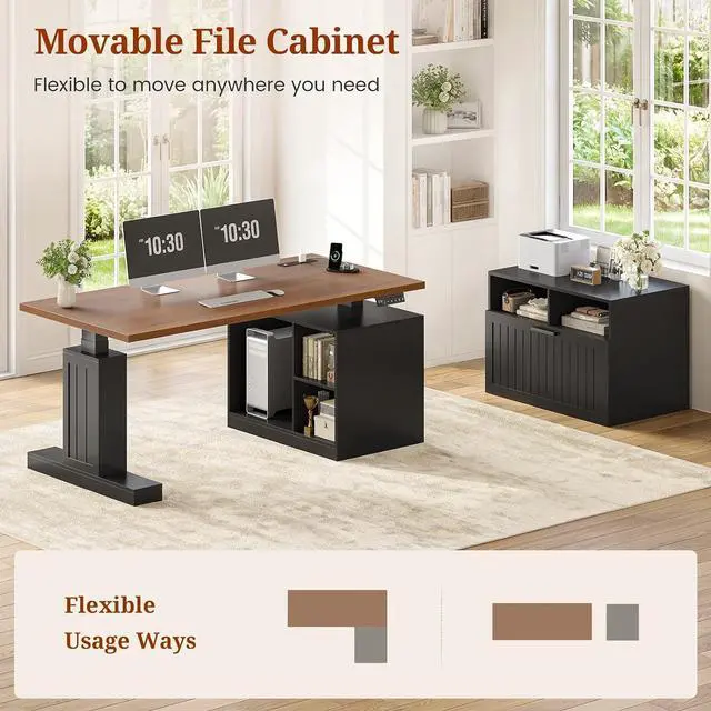 Alt view image 5 of 7 - Farmhouse L Shaped Standing Desk with Lateral File Cabinet, 55.1" X 54.3" Electric Executive Desk Adjustable Height with Power Outlets, Shelves, Sit Stand Corner Computer Desk for Home Office, Black