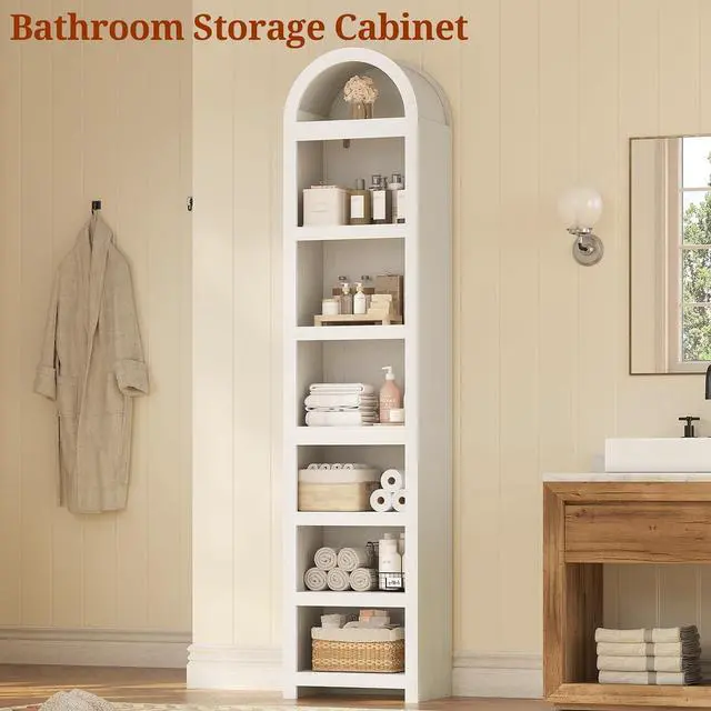 Alt view image 6 of 6 - 2 Pcs 76" Tall Narrow Arched Bookcase,7-Teir Mid-Century Modern Bookshelf,Adjustable Shelves offering More Storage Space for Living Room,Kitchen,Home Office(Antique White, Narrow)