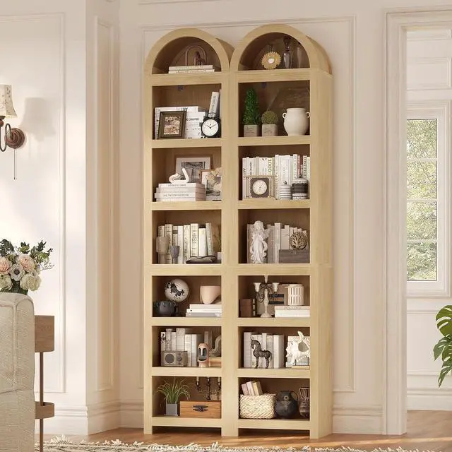Main image of 2 Pcs 76" Tall Narrow Arched Bookcase,7-Teir Mid-Century Modern Bookshelf,Adjustable Shelves offering More Storage Space for Living Room,Kitchen,Home Office(Oak, Narrow)