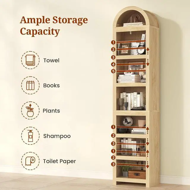 Alt view image 4 of 6 - 2 Pcs 76" Tall Narrow Arched Bookcase,7-Teir Mid-Century Modern Bookshelf,Adjustable Shelves offering More Storage Space for Living Room,Kitchen,Home Office(Oak, Narrow)