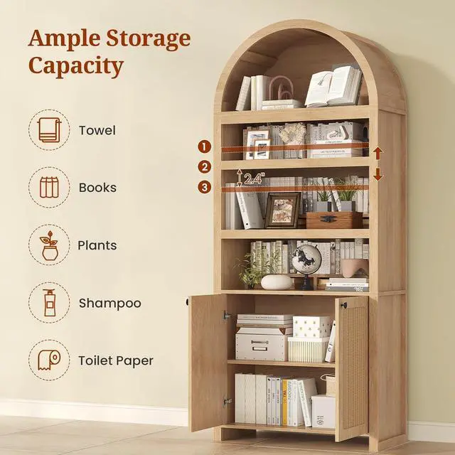 Alt view image 3 of 7 - 2 Pcs 81" Tall Arched Cabinets,Bookcase with Storage,Mid-Century Modern 6-Tier Bookshelf with Door,2 Book Risers and Adjustable Shelves, for Living Room,Kitchen,Home Office(Oak, Large)