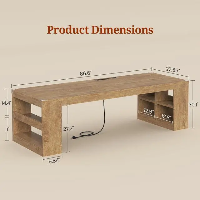 Alt view image 2 of 7 - 2 Person Desk with Power Outlet, 86.6" Wood Office Desk with Cable Management & Storage Shelves, Extra Long Computer Desk, Two Person Gaming Desk, Double Writing Table for Home Office, Oak