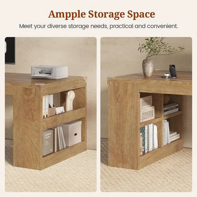 Alt view image 5 of 7 - 2 Person Desk with Power Outlet, 86.6" Wood Office Desk with Cable Management & Storage Shelves, Extra Long Computer Desk, Two Person Gaming Desk, Double Writing Table for Home Office, Oak