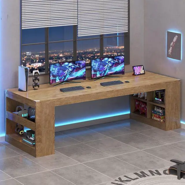 Alt view image 4 of 7 - 2 Person Desk with Power Outlet, 86.6" Wood Office Desk with Cable Management & Storage Shelves, Extra Long Computer Desk, Two Person Gaming Desk, Double Writing Table for Home Office, Oak