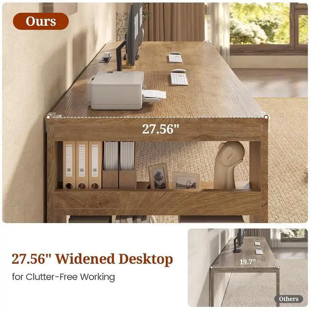 Alt view image 6 of 7 - 2 Person Desk with Power Outlet, 86.6" Wood Office Desk with Cable Management & Storage Shelves, Extra Long Computer Desk, Two Person Gaming Desk, Double Writing Table for Home Office, Oak