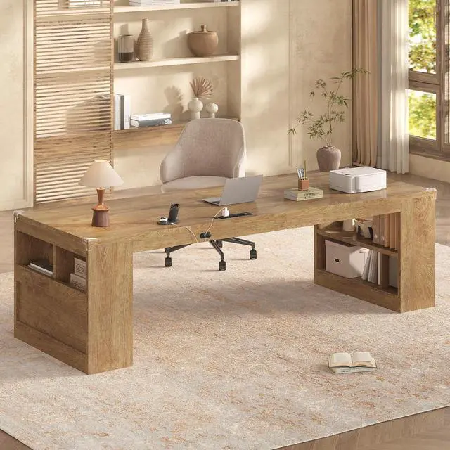 Alt view image 7 of 7 - 2 Person Desk with Power Outlet, 86.6" Wood Office Desk with Cable Management & Storage Shelves, Extra Long Computer Desk, Two Person Gaming Desk, Double Writing Table for Home Office, Oak
