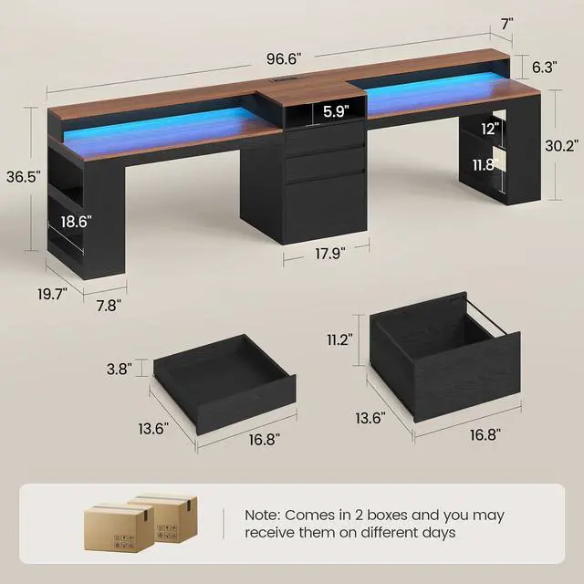 Alt view image 2 of 7 - 96.6" Long Computer Desk, 2 Person Desk with LED Lights & Power Outlet, Modern Two Person Gaming Desk with File Drawers, Monitor Stand, Printer Shelf Storage, Double Table for Home Office Black