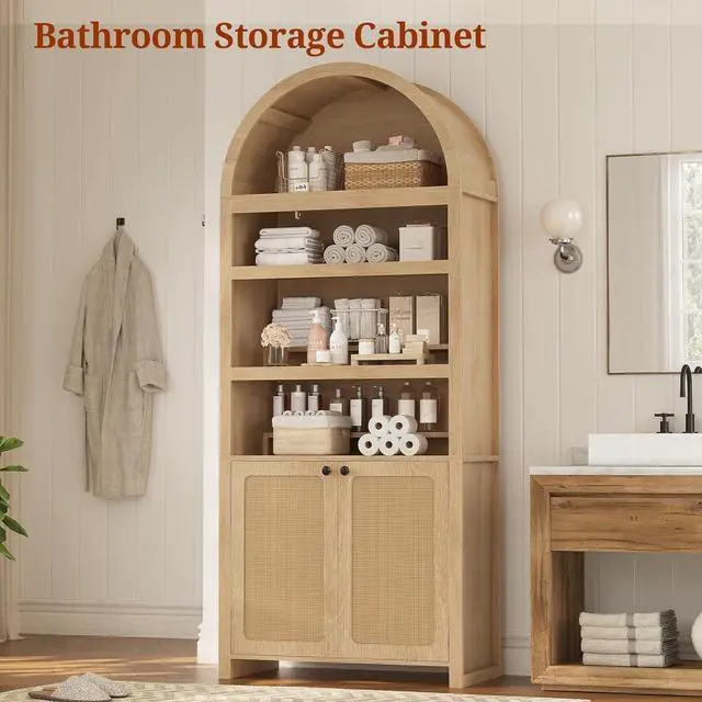 Alt view image 6 of 7 - 2 Pcs 81" Tall Arched Cabinets,Bookcase with Storage,Mid-Century Modern 6-Tier Bookshelf with Door,2 Book Risers and Adjustable Shelves, for Living Room,Kitchen,Home Office(Oak, Large)