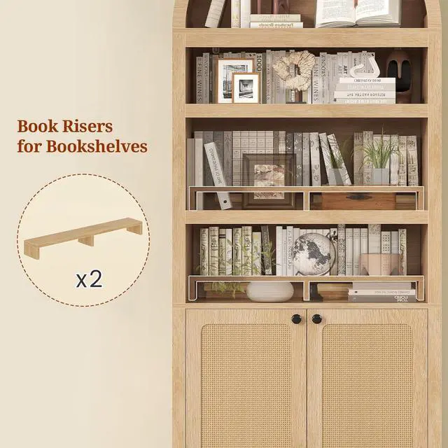 Alt view image 4 of 7 - 2 Pcs 81" Tall Arched Cabinets,Bookcase with Storage,Mid-Century Modern 6-Tier Bookshelf with Door,2 Book Risers and Adjustable Shelves, for Living Room,Kitchen,Home Office(Oak, Large)