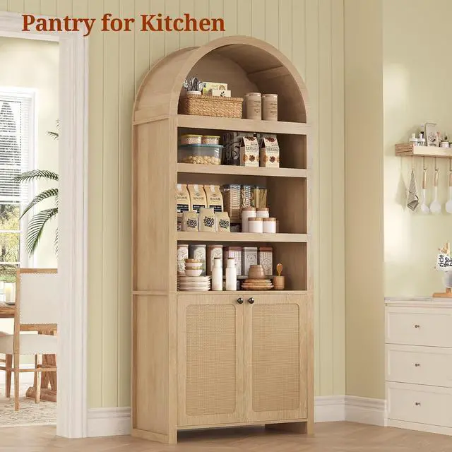 Alt view image 7 of 7 - 2 Pcs 81" Tall Arched Cabinets,Bookcase with Storage,Mid-Century Modern 6-Tier Bookshelf with Door,2 Book Risers and Adjustable Shelves, for Living Room,Kitchen,Home Office(Oak, Large)