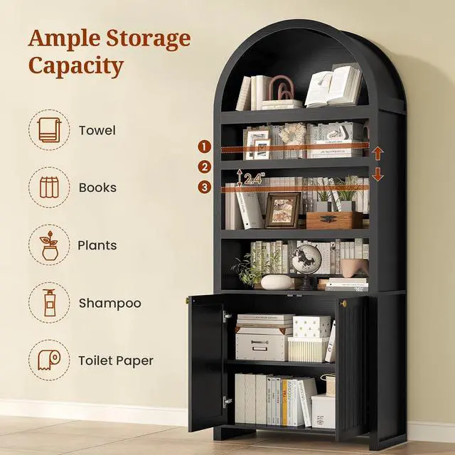 Alt view image 4 of 7 - 81" Tall Arched Cabinets,Bookcase with storage,Mid-Century Modern 6-Tier Bookshelf with Door,2 Book Risers and Adjustable Shelves offering more storage space for Living Room,Kitchen,Home Office,Black