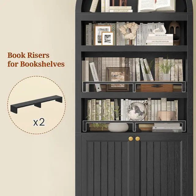 Alt view image 3 of 7 - 81" Tall Arched Cabinets,Bookcase with storage,Mid-Century Modern 6-Tier Bookshelf with Door,2 Book Risers and Adjustable Shelves offering more storage space for Living Room,Kitchen,Home Office,Black